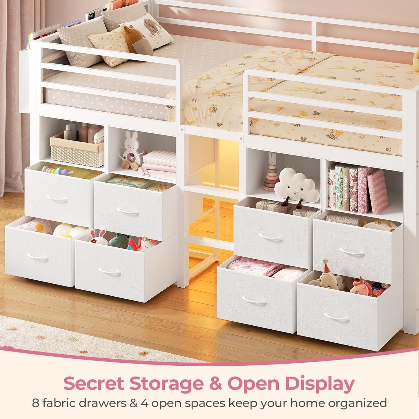 Low Loft Bed Twin Size with 8 Storage Drawers, Twin Loft Bed with Bookcase and LED Lights
