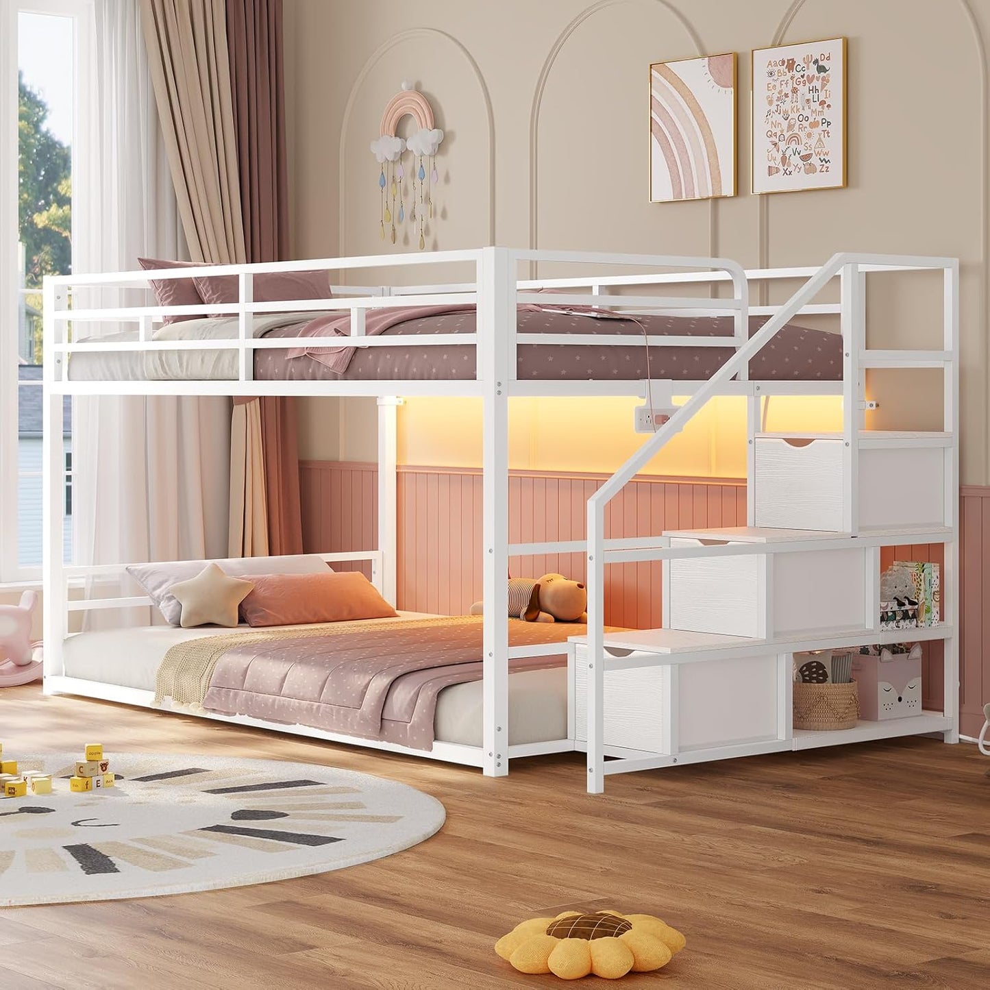 Low Bunk Bed Twin Over Twin with Storage Staircase, Drawers and Shelves, LED Lights Metal Floor Bunk with Power Outlet, White