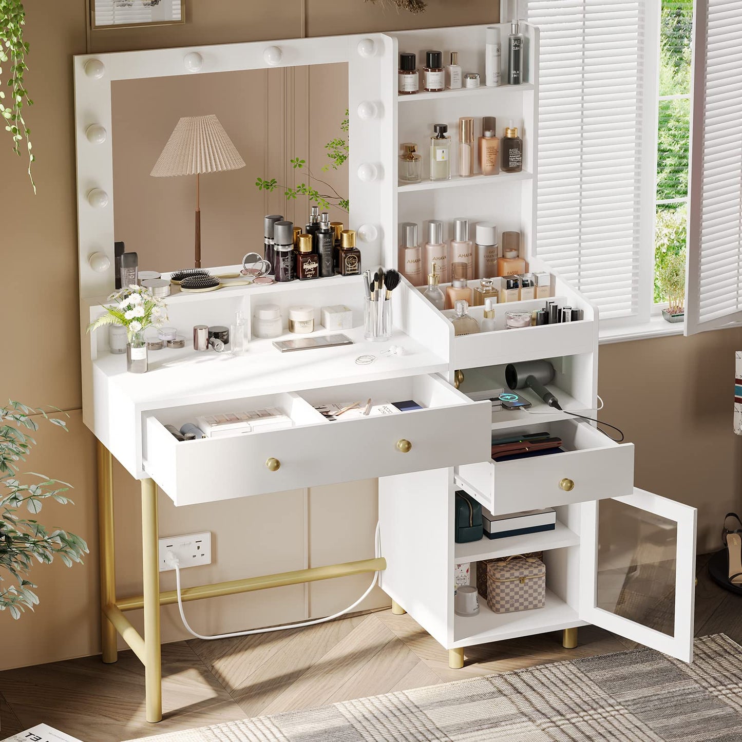 White Vanity Desk with Mirror and Lights in 3 Colors, Vanity Table with Charging Station, Makeup Desk with Storage Cabinet