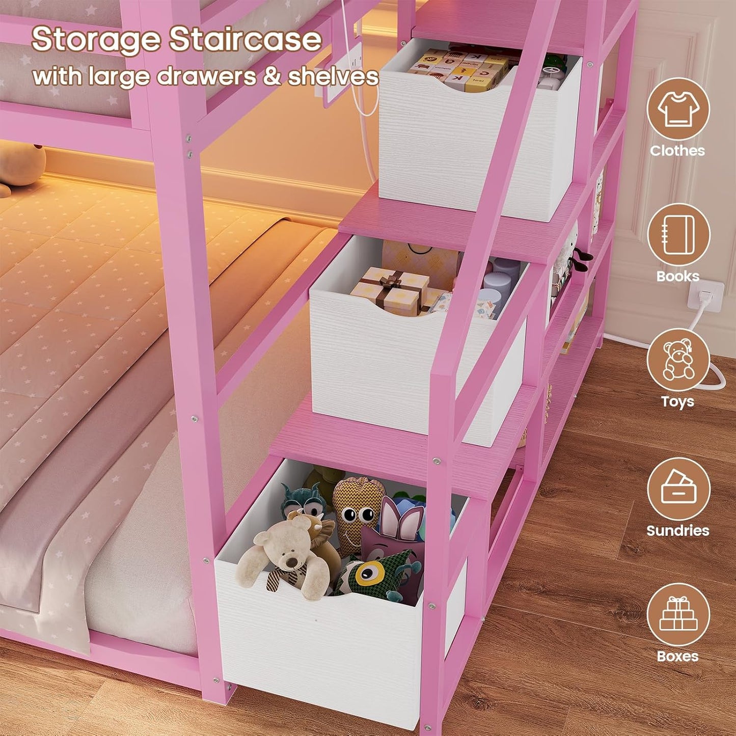 Low Bunk Bed Twin Over Twin with Storage Staircase, Drawers and Shelves, LED Lights Metal Floor Bunk with Power Outlet, White