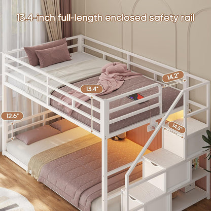 Low Bunk Bed Twin Over Twin with Storage Staircase, Drawers and Shelves, LED Lights Metal Floor Bunk with Power Outlet, White