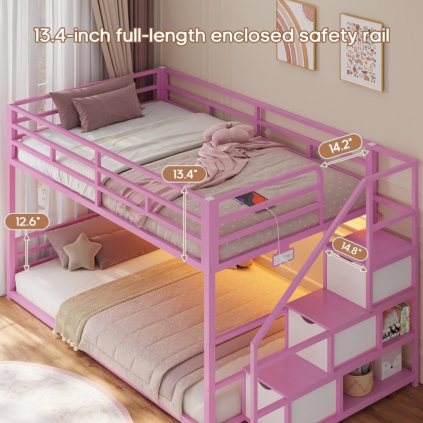Low Bunk Bed Twin Over Twin with Storage Staircase, Drawers and Shelves, LED Lights Metal Floor Bunk with Power Outlet, White