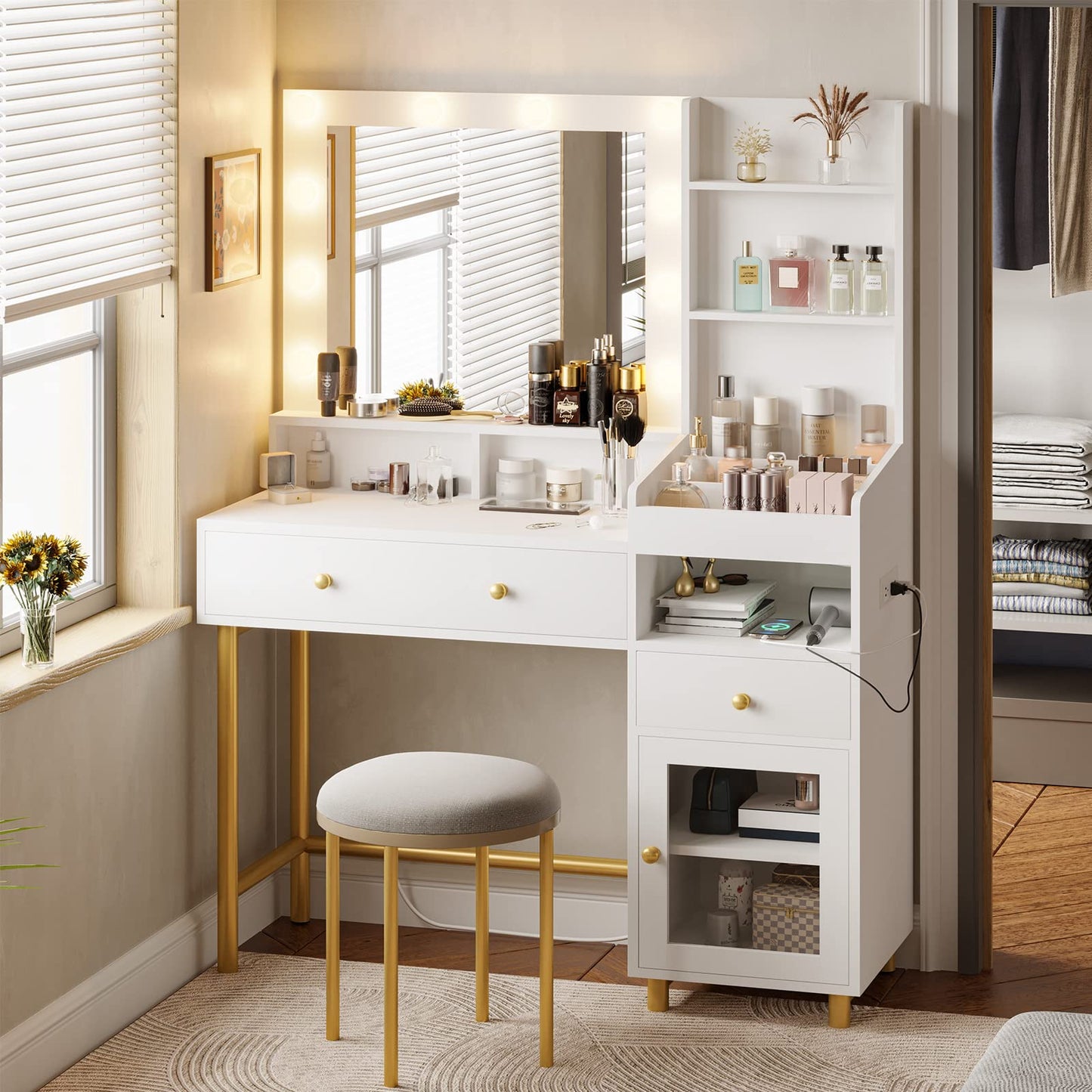 White Vanity Desk with Mirror and Lights in 3 Colors, Vanity Table with Charging Station, Makeup Desk with Storage Cabinet