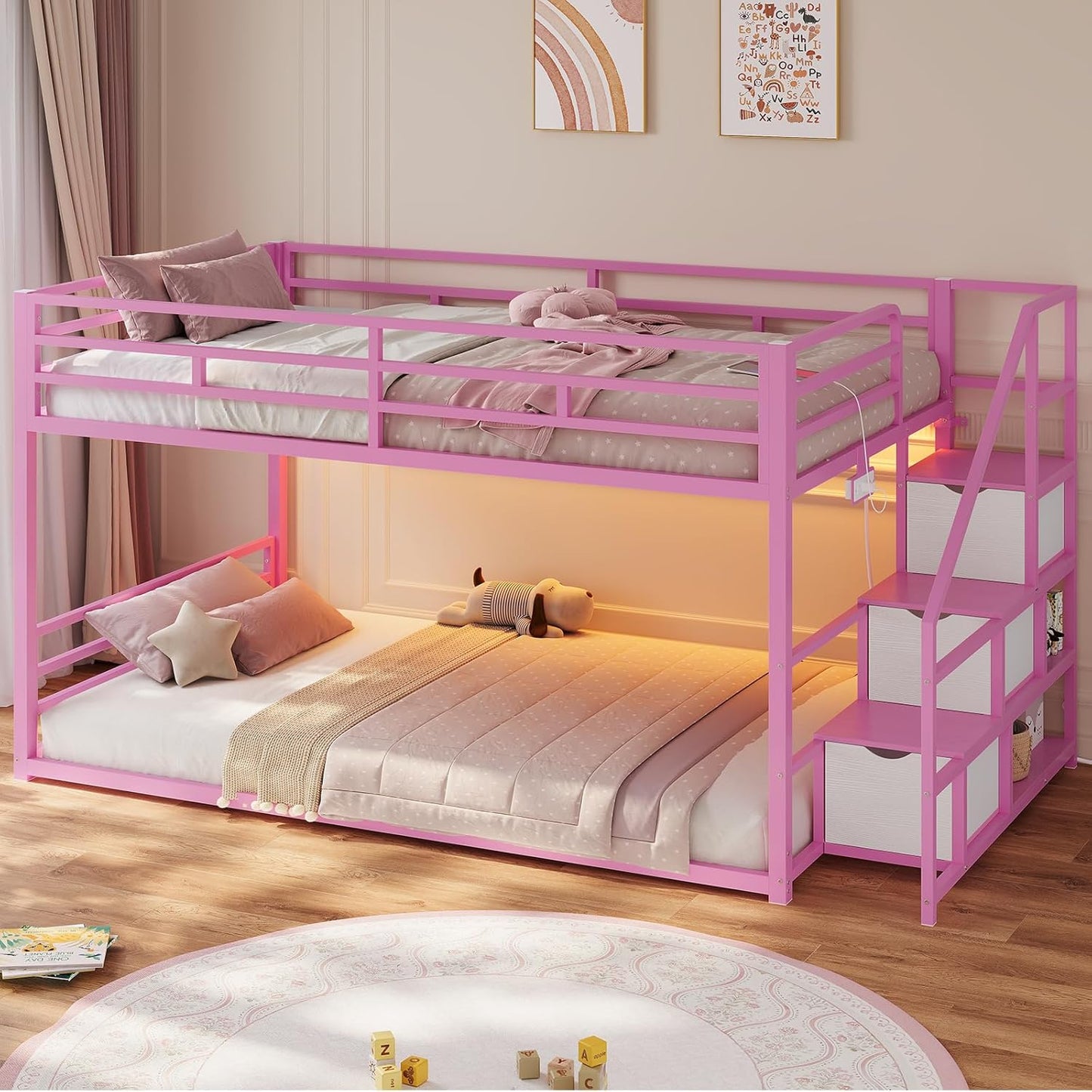 Low Bunk Bed Twin Over Twin with Storage Staircase, Drawers and Shelves, LED Lights Metal Floor Bunk with Power Outlet, White