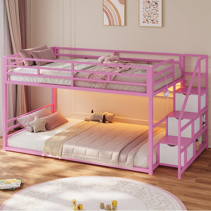 Low Bunk Bed Twin Over Twin with Storage Staircase, Drawers and Shelves, LED Lights Metal Floor Bunk with Power Outlet, White