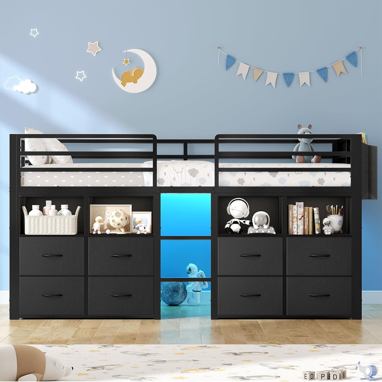 Low Loft Bed Twin Size with 8 Storage Drawers, Twin Loft Bed with Bookcase and LED Lights