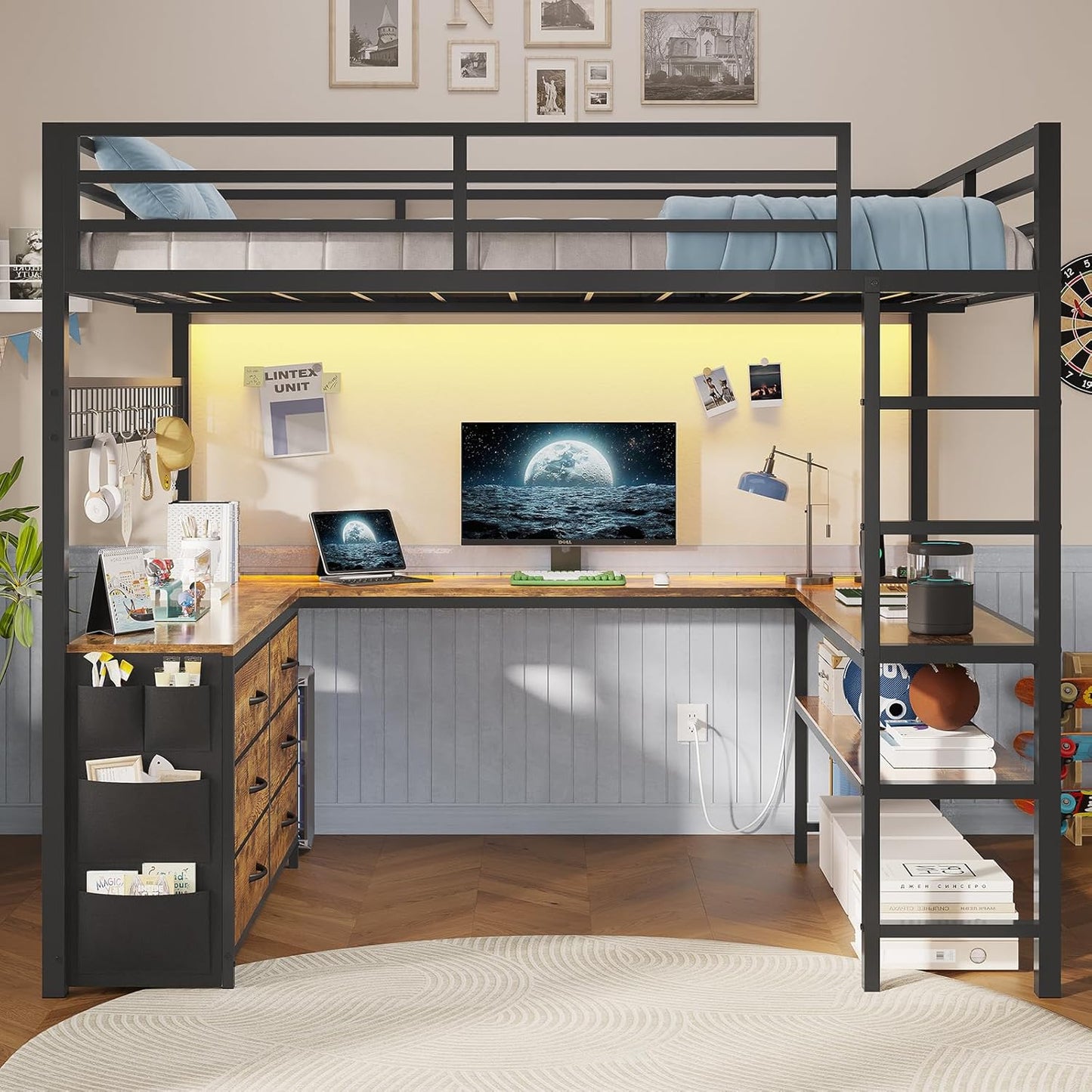 Loft Bed Full Size with U-Shaped Desk, 6 Storage Drawers, Power Outlet, LED Metal Loft Bed with 2 Storage Shelves