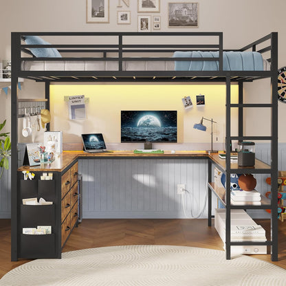 Loft Bed Full Size with U-Shaped Desk, 6 Storage Drawers, Power Outlet, LED Metal Loft Bed with 2 Storage Shelves
