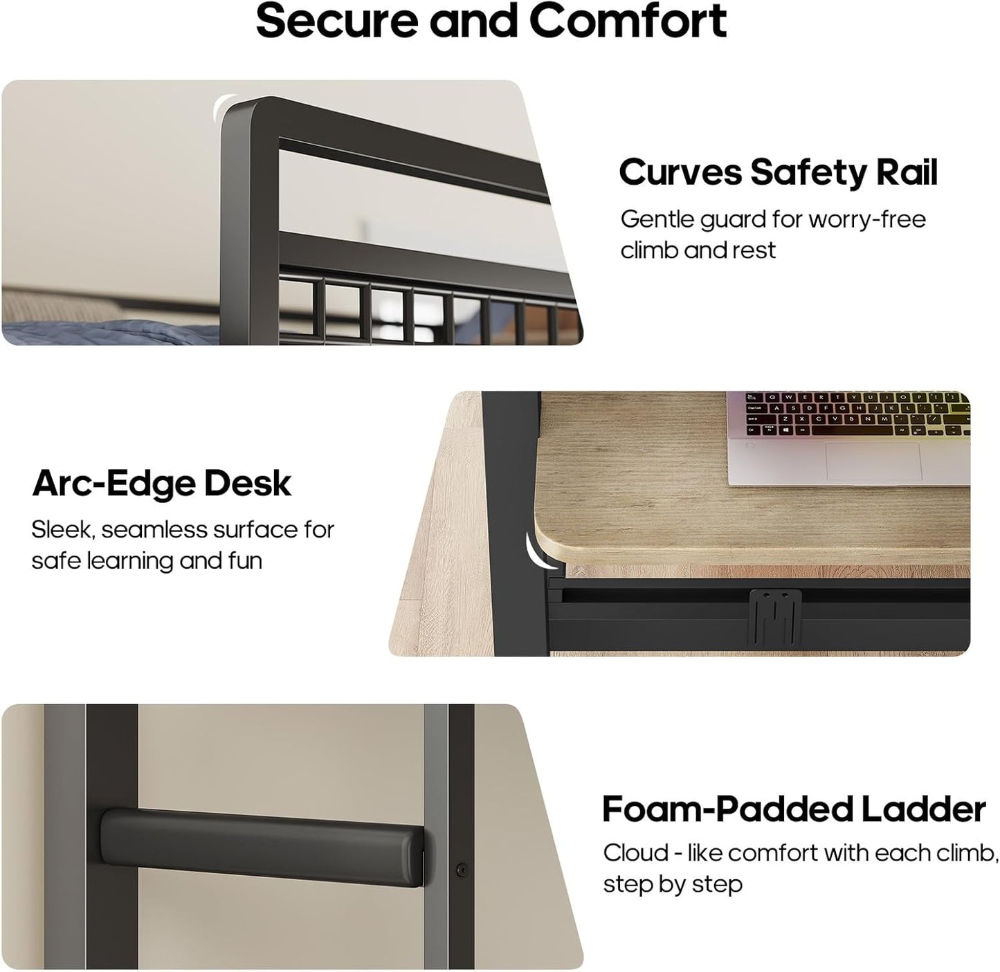 Bunk Bed for Small Space, Twin Over Twin Bunk Beds with Desk, Power Outlets, RGB LED Lights, Storage, Metal Beds with Safety Guardrail & Ladders