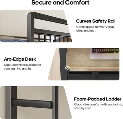 Bunk Bed for Small Space, Twin Over Twin Bunk Beds with Desk, Power Outlets, RGB LED Lights, Storage, Metal Beds with Safety Guardrail & Ladders