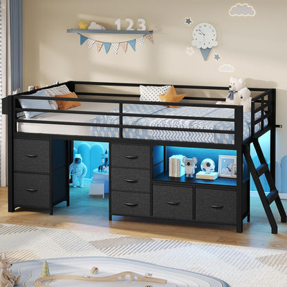 Low Loft Bed Twin Size with 7 Storage Drawers, Bookcase and LED Lights, Metal Kids Loft Bed with 14" H Safety Guardrail