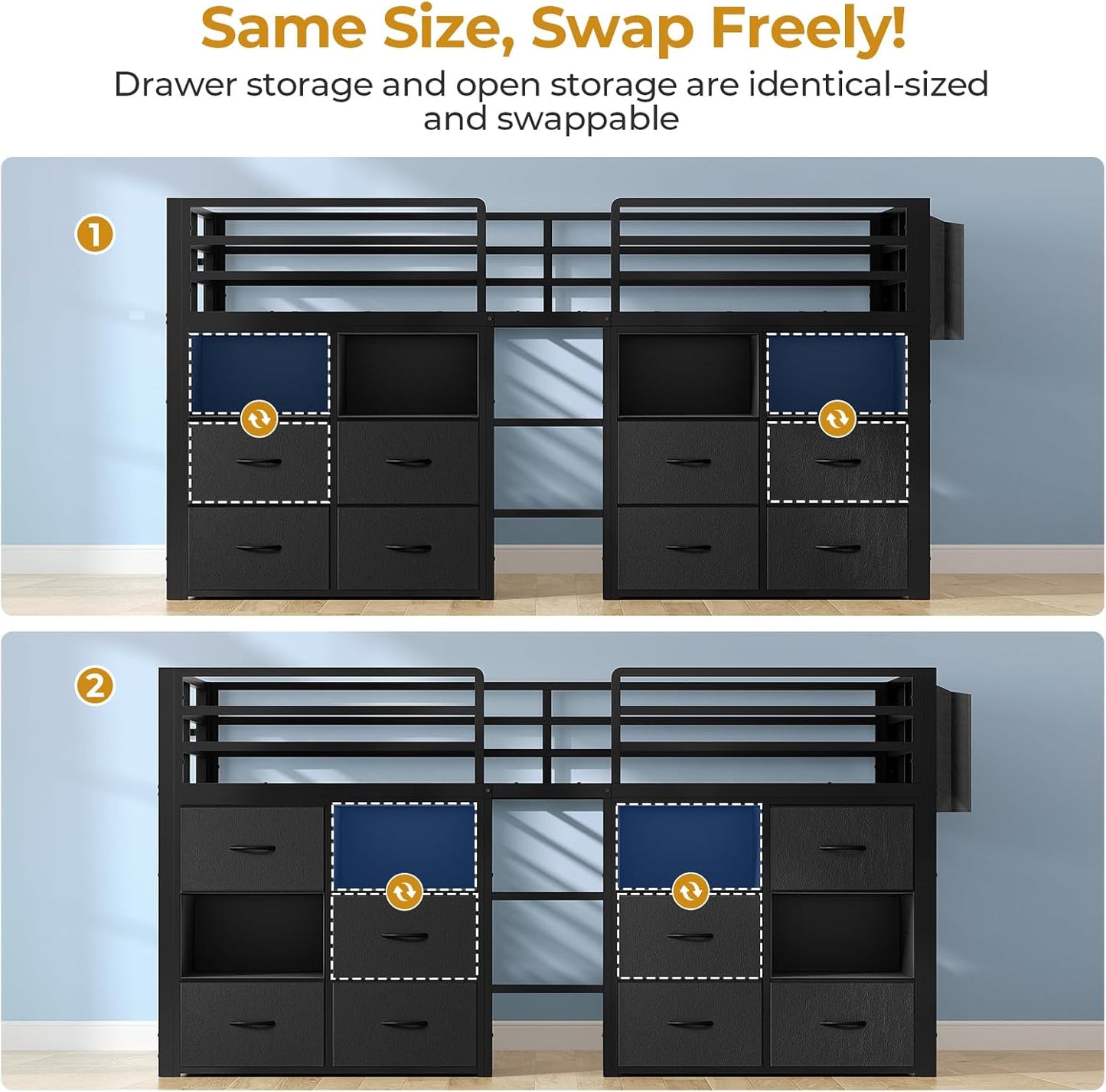 Low Loft Bed Twin Size with 8 Storage Drawers, Twin Loft Bed with Bookcase and LED Lights