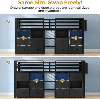Low Loft Bed Twin Size with 8 Storage Drawers, Twin Loft Bed with Bookcase and LED Lights