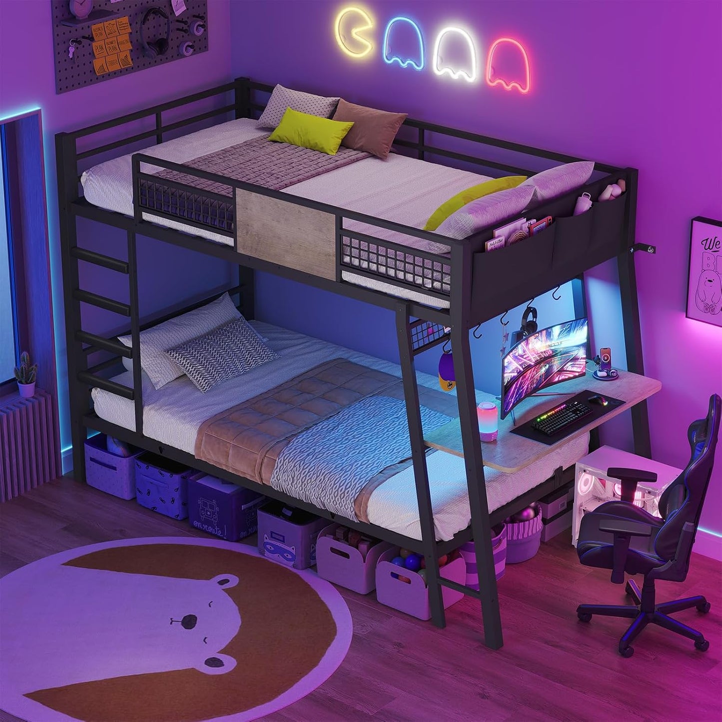 Bunk Bed for Small Space, Twin Over Twin Bunk Beds with Desk, Power Outlets, RGB LED Lights, Storage, Metal Beds with Safety Guardrail & Ladders