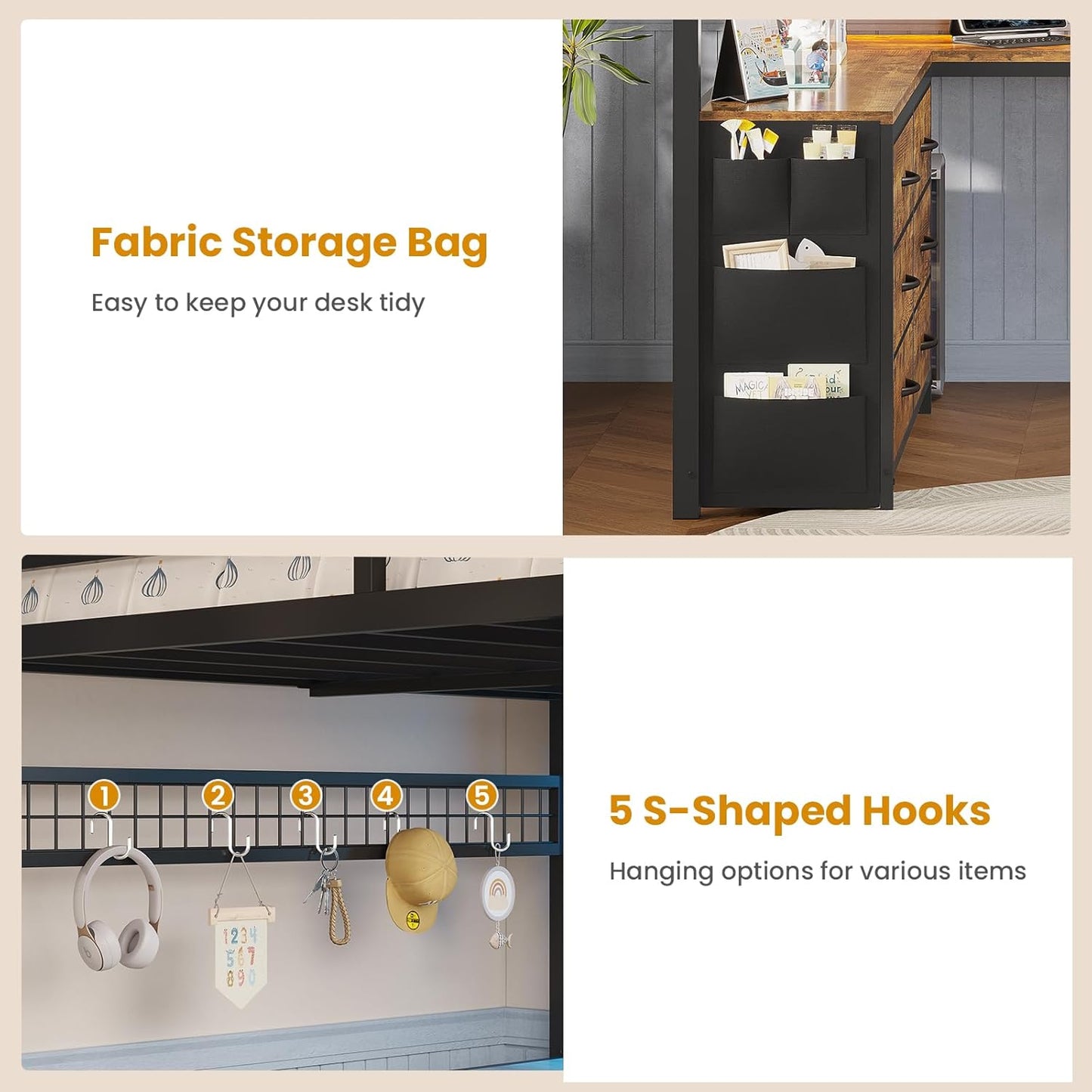 Loft Bed Full Size with U-Shaped Desk, 6 Storage Drawers, Power Outlet, LED Metal Loft Bed with 2 Storage Shelves