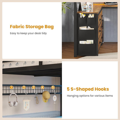 Loft Bed Full Size with U-Shaped Desk, 6 Storage Drawers, Power Outlet, LED Metal Loft Bed with 2 Storage Shelves
