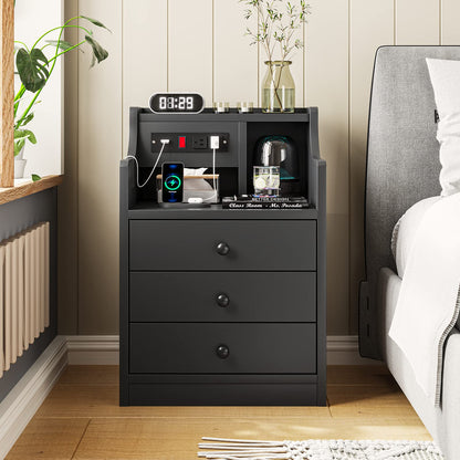 Nightstand with Charging Station 3 Drawer and Hutch, Black