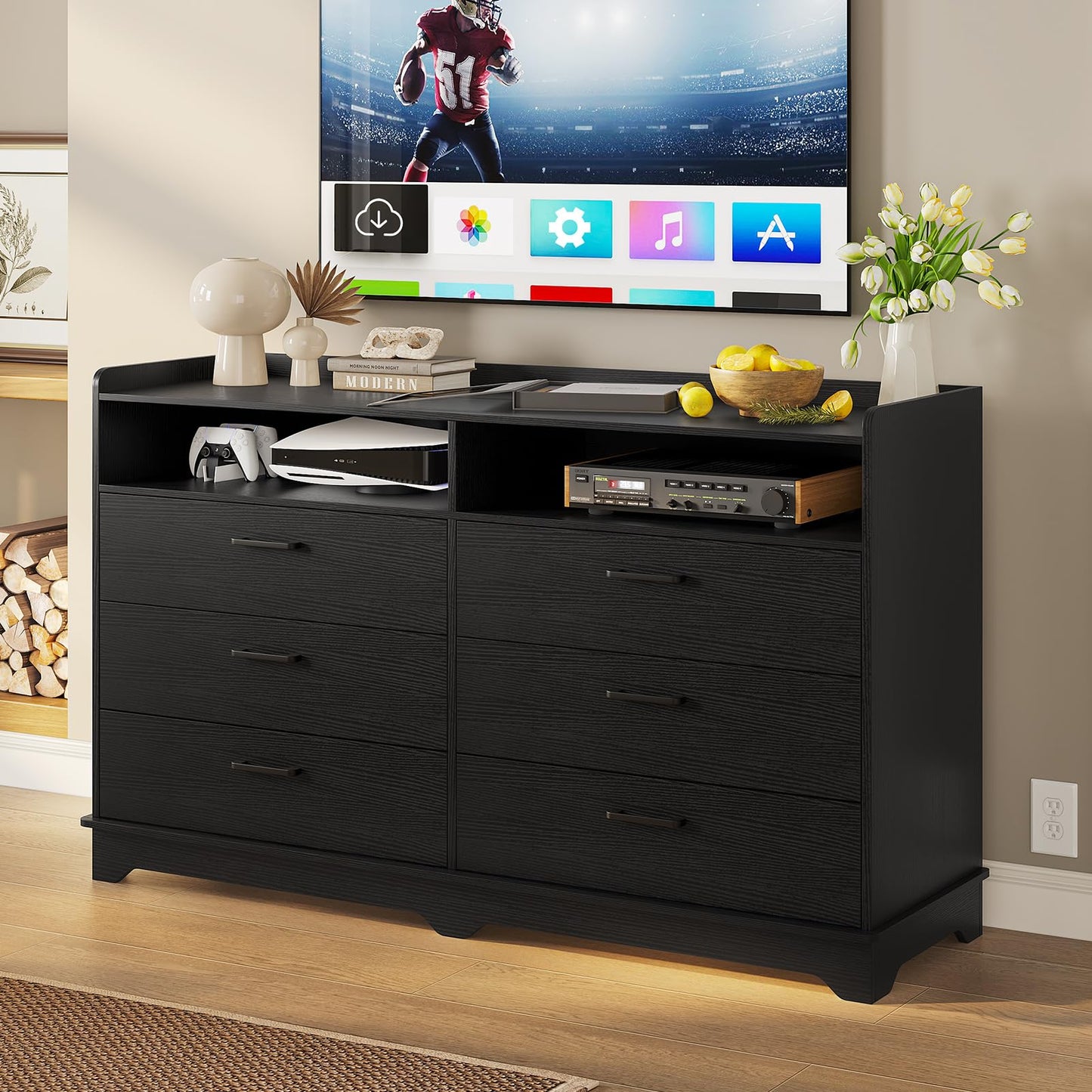 6 Drawers Dresser for Bedroom with Open Cubby, Black