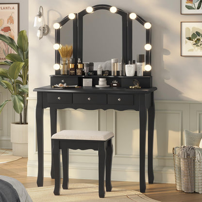 Makeup Vanity with Lights, Vanity Desk with Lighted Mirror and Stool, White