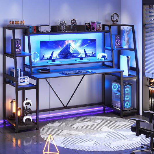 78.8'' Gaming Desk with LED Lights, Hutch and Storage Shelves, Computer Desk with Monitor Stand, Black