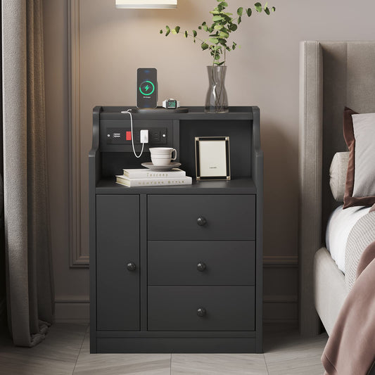 Nightstand with Charging Station and Hutch, 3 Drawers 1 Door, Black