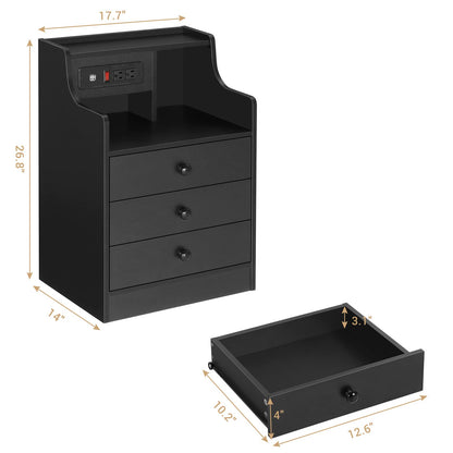 Nightstand with Charging Station 3 Drawer and Hutch, Black