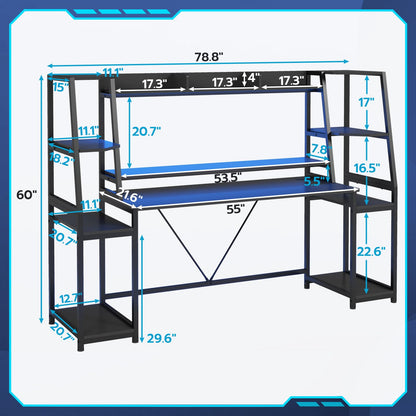 78.8'' Gaming Desk with LED Lights, Hutch and Storage Shelves, Computer Desk with Monitor Stand, Black