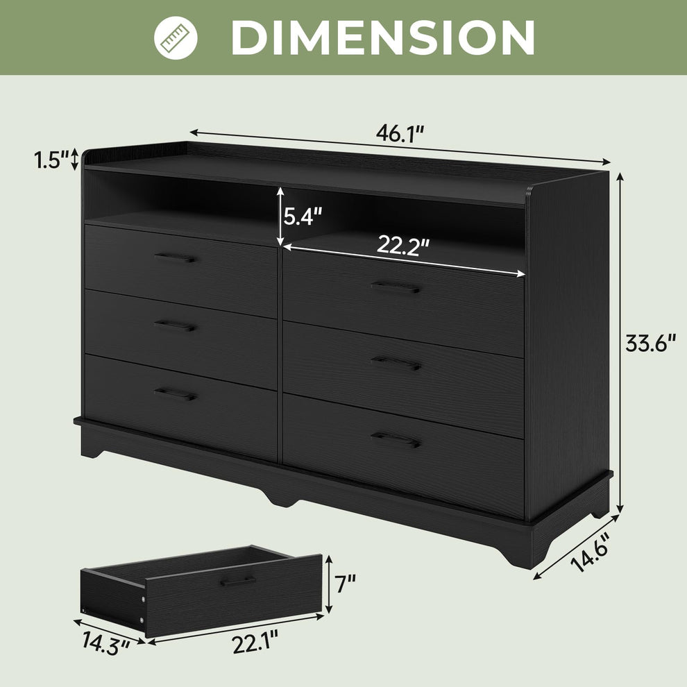 6 Drawers Dresser for Bedroom with Open Cubby, Black – Afuhokles