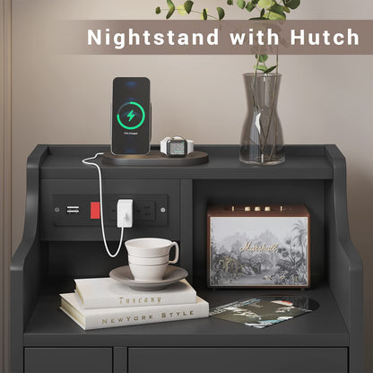 Nightstand with Charging Station and Hutch, 3 Drawers 1 Door, Black