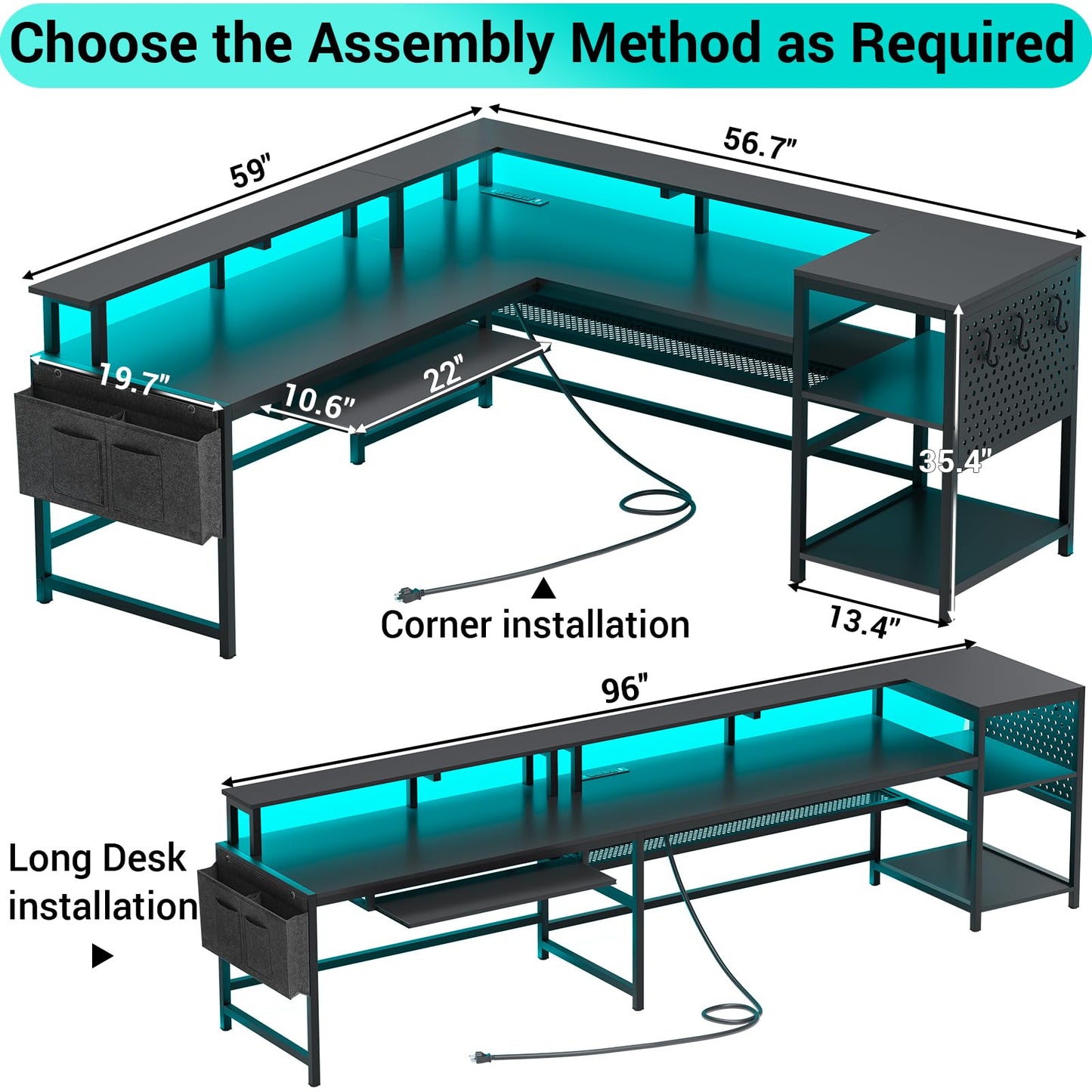 L Shaped Gaming Desk, Reversible Computer Desk with Power Outlets, Monitor Shelf, Keyboard Tray, Pegboard and Storage Shelves, Black