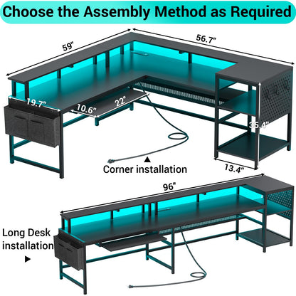 L Shaped Gaming Desk, Reversible Computer Desk with Power Outlets, Monitor Shelf, Keyboard Tray, Pegboard and Storage Shelves, Black