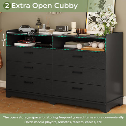 6 Drawers Dresser for Bedroom with Open Cubby, Black