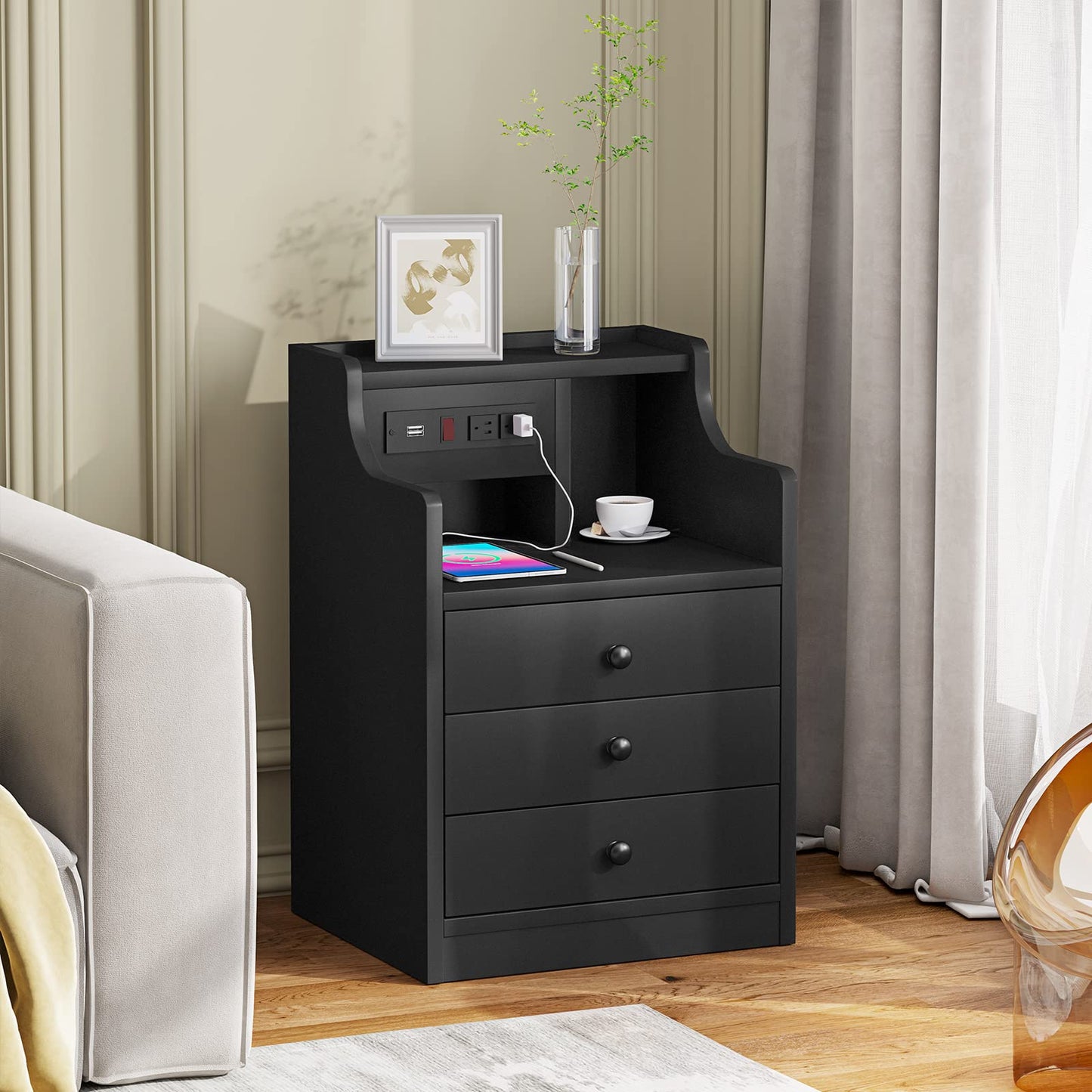 Nightstand with Charging Station 3 Drawer and Hutch, Black