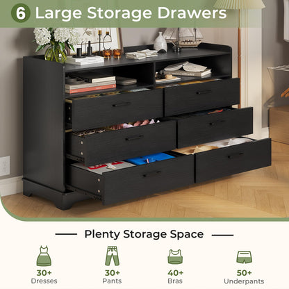 6 Drawers Dresser for Bedroom with Open Cubby, Black