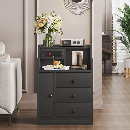 Nightstand with Charging Station and Hutch, 3 Drawers 1 Door, Black