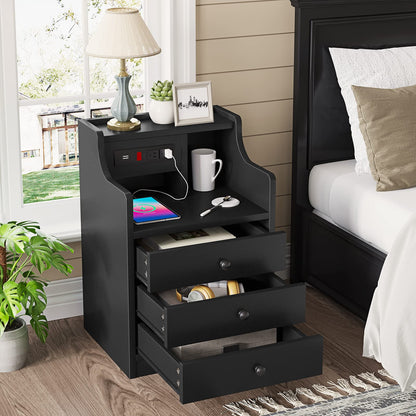 Nightstand with Charging Station 3 Drawer and Hutch, Black