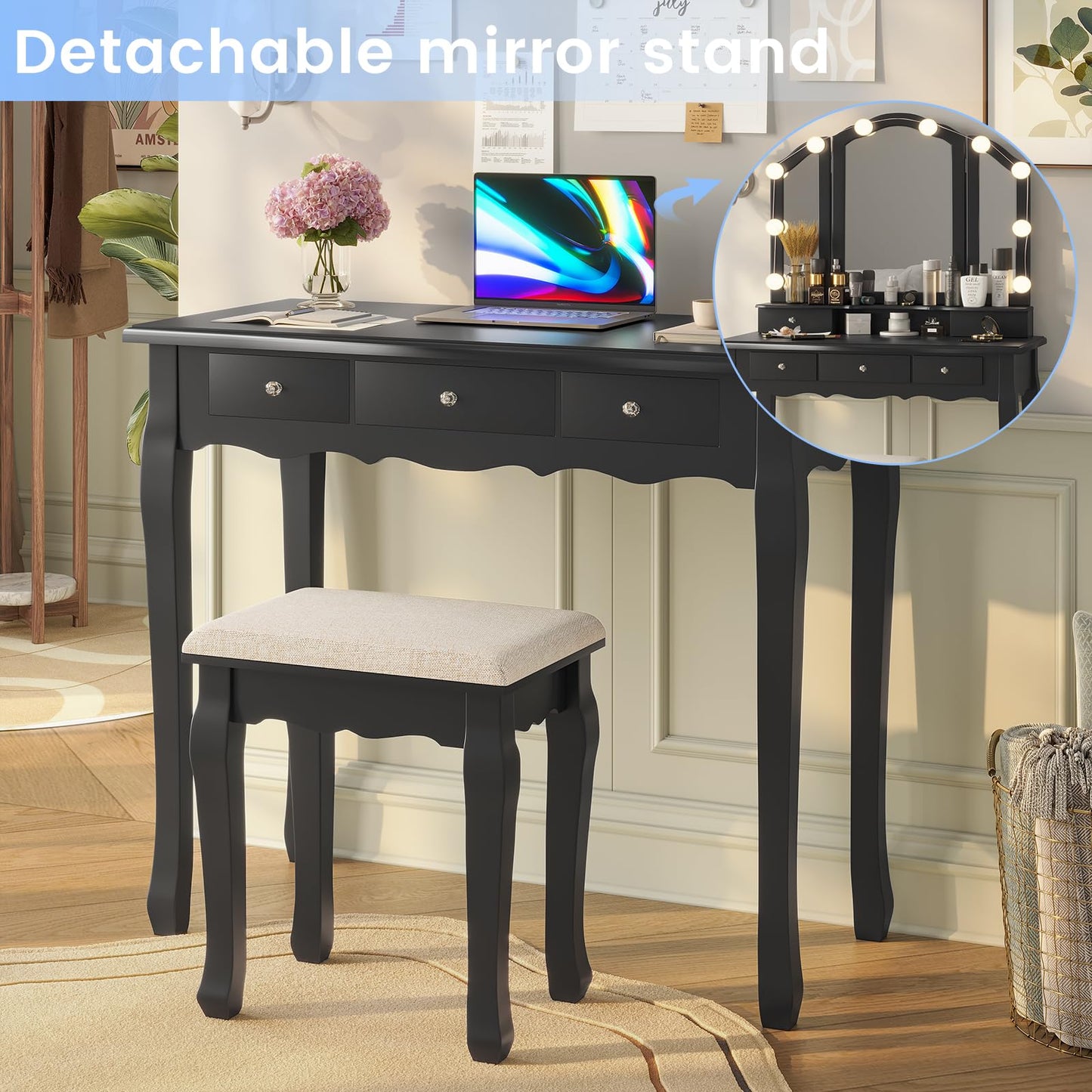 Makeup Vanity with Lights, Vanity Desk with Lighted Mirror and Stool, White