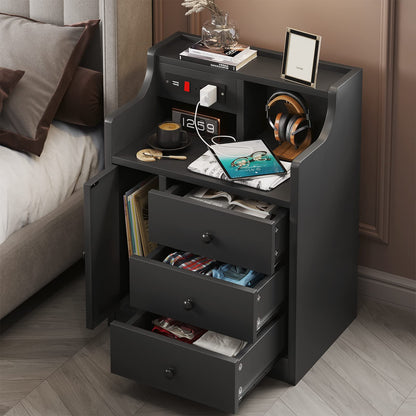 Nightstand with Charging Station and Hutch, 3 Drawers 1 Door, Black