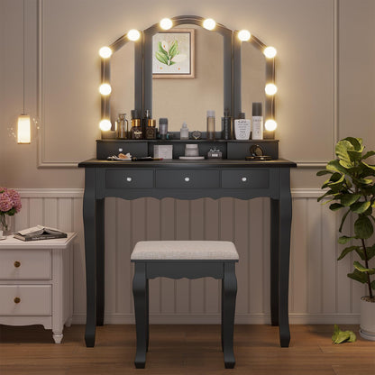 Makeup Vanity with Lights, Vanity Desk with Lighted Mirror and Stool, White