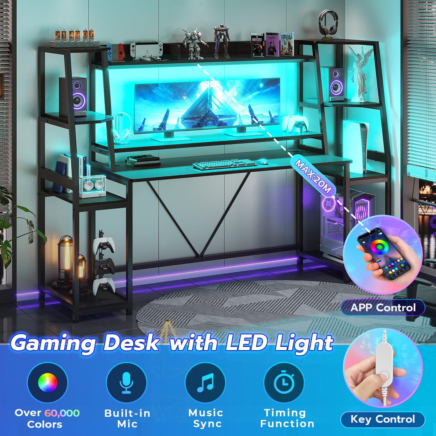 78.8'' Gaming Desk with LED Lights, Hutch and Storage Shelves, Computer Desk with Monitor Stand, Black