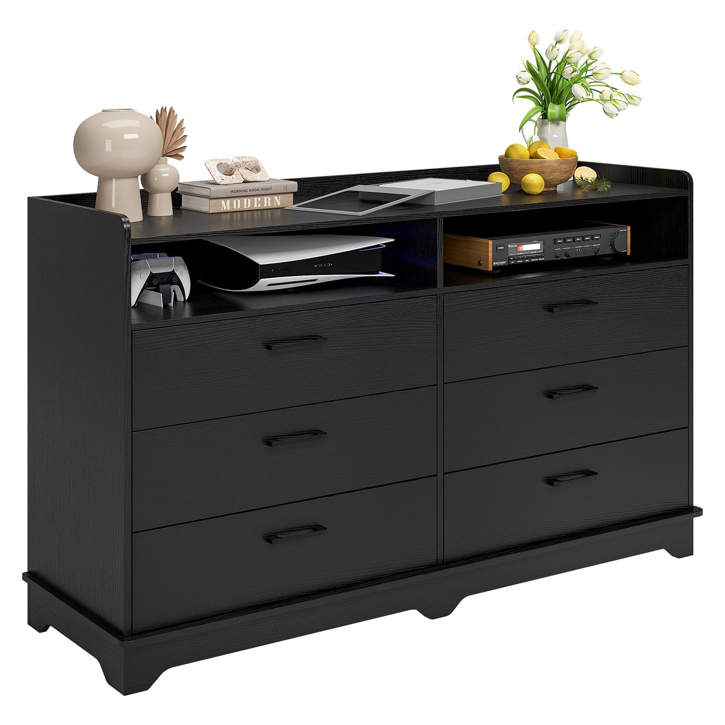 6 Drawers Dresser for Bedroom with Open Cubby, Black