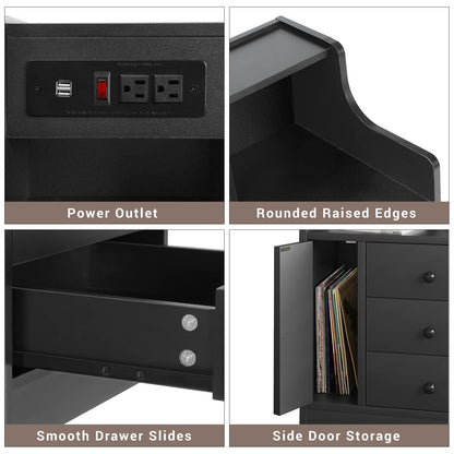 Nightstand with Charging Station and Hutch, 3 Drawers 1 Door, Black