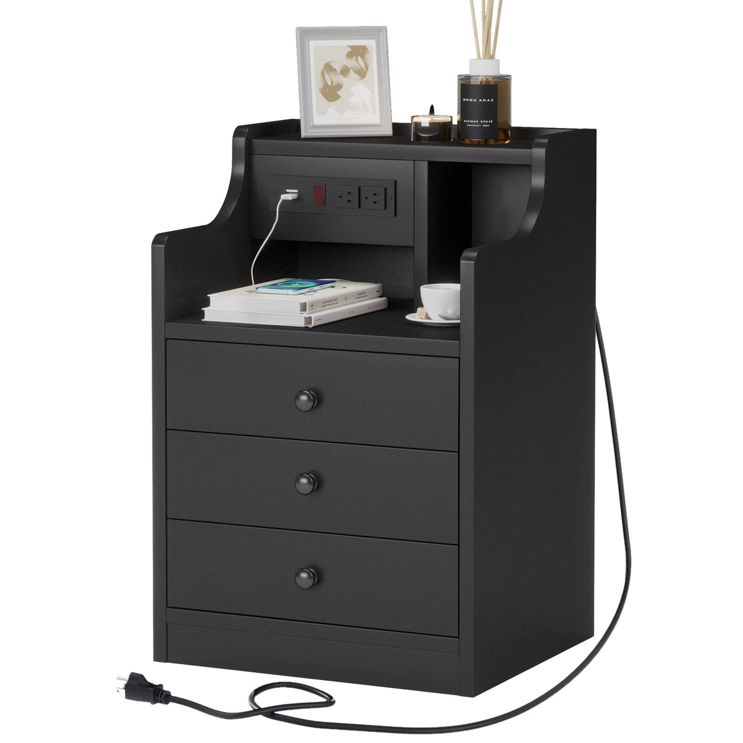 Nightstand with Charging Station 3 Drawer and Hutch, Black