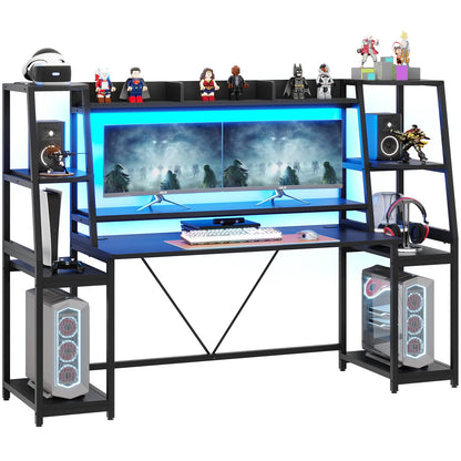 78.8'' Gaming Desk with LED Lights, Hutch and Storage Shelves, Computer Desk with Monitor Stand, Black