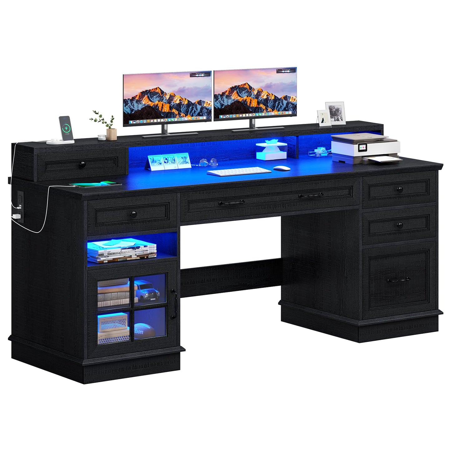 59" Computer Desk with 5 Drawers and Charging Station, Farmhouse Office Desk for Home Office