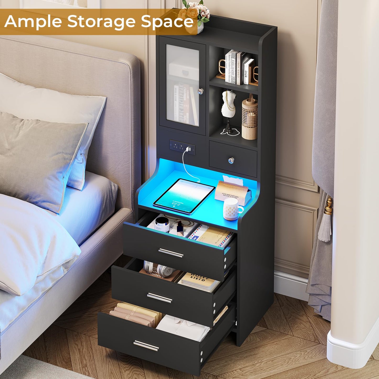 Tall Nightstand with Charging Station, Bedside Table with 4 Drawers, LED Night Stand with Bookshelf, Black