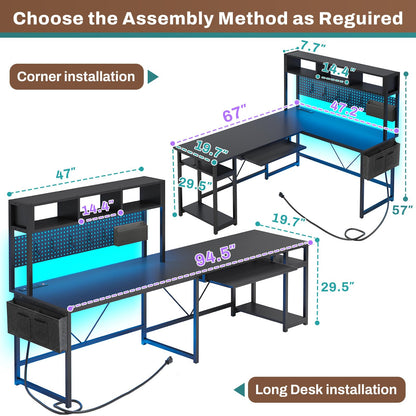 L Shaped Gaming Desk, Reversible Computer Desk with Power Outlet and Pegboard,  Black