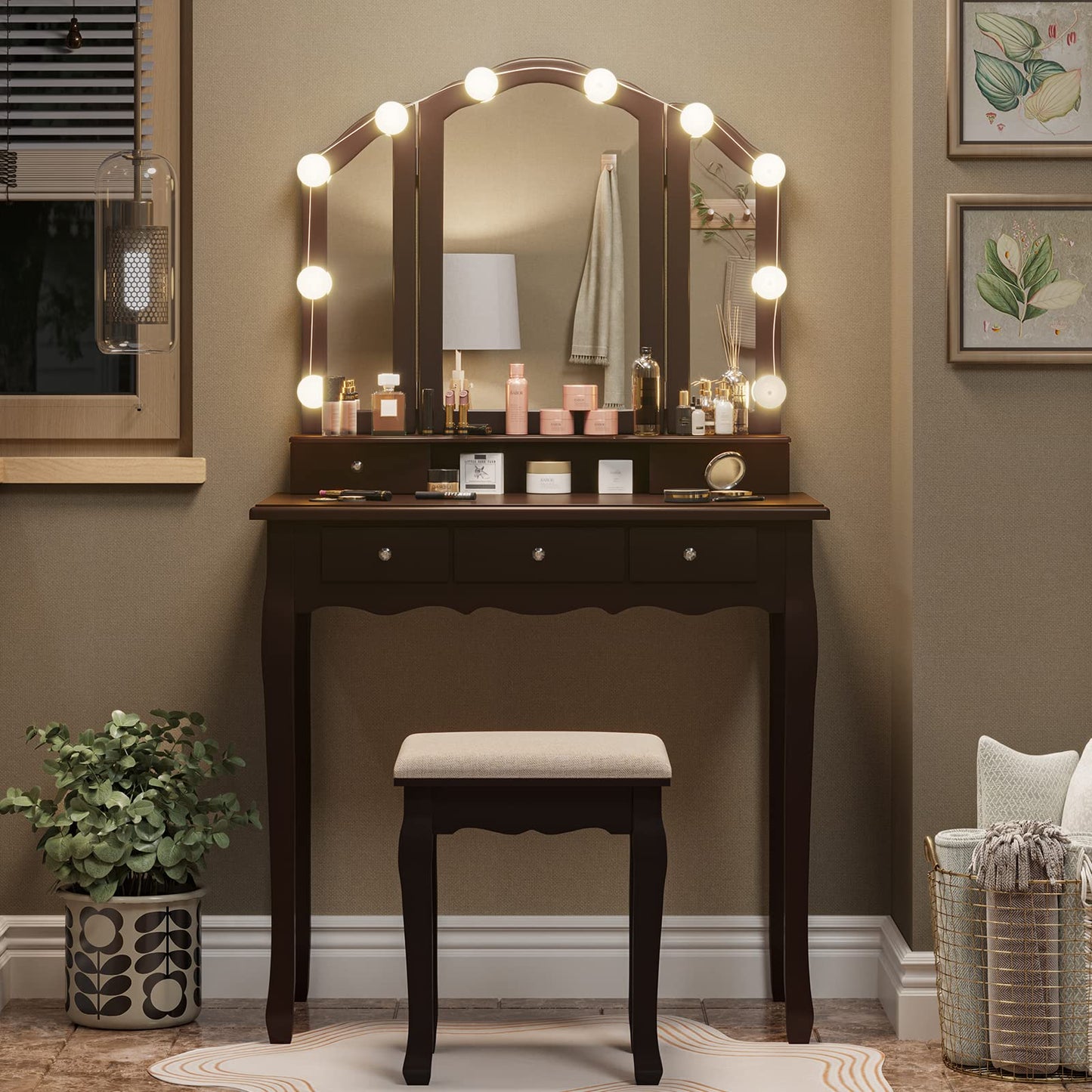 Makeup Vanity with Lights, Vanity Desk with Lighted Mirror and Stool, White