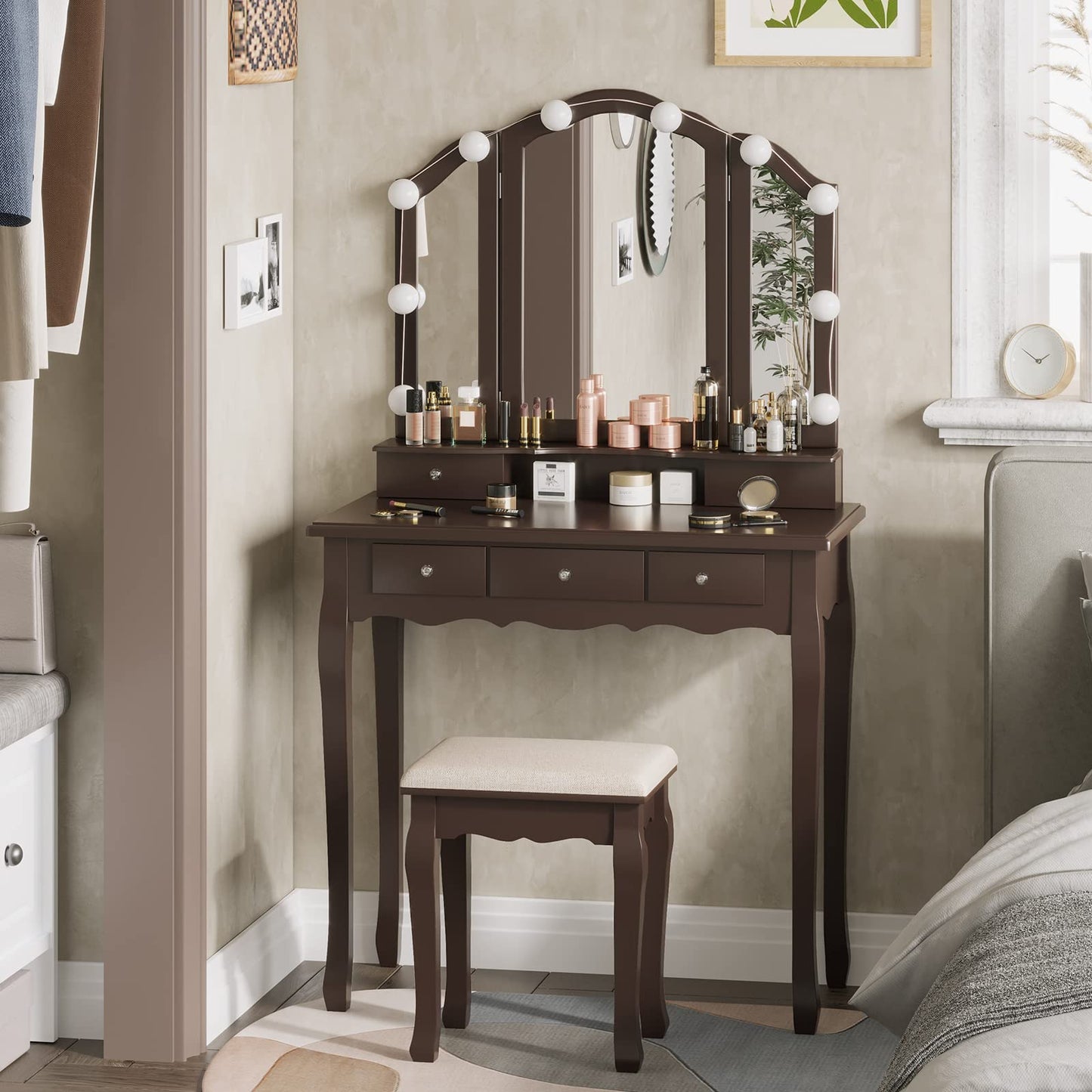 Makeup Vanity with Lights, Vanity Desk with Lighted Mirror and Stool, White