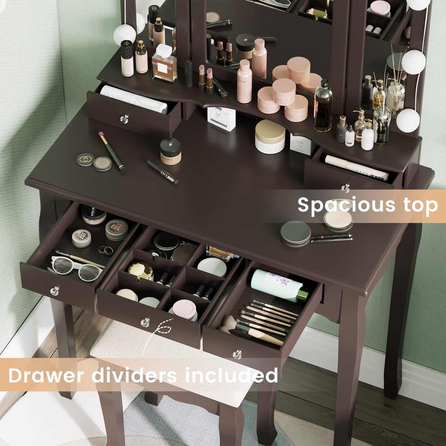 Makeup Vanity with Lights, Vanity Desk with Lighted Mirror and Stool, White